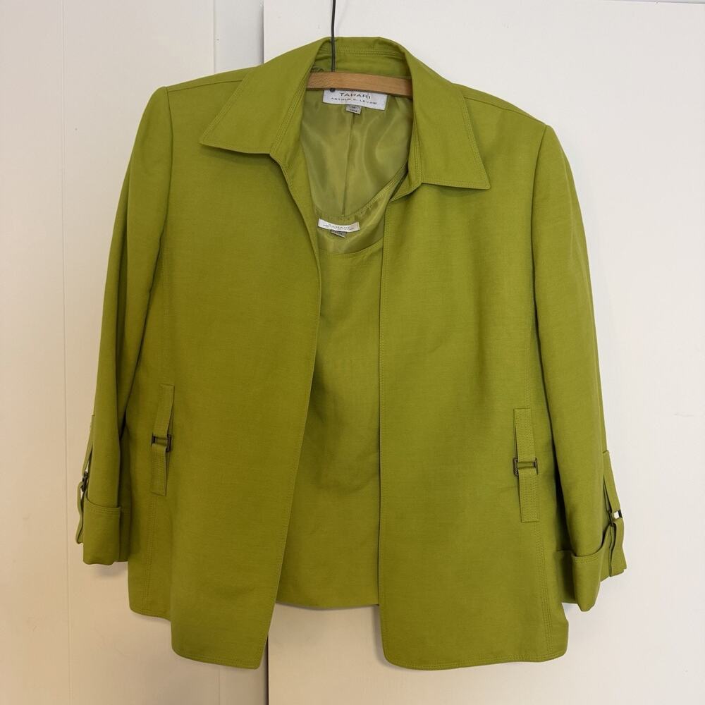 Tahari Arthur S Levine Jacket Tank Shell Set Womens 14 Green Linen Blend 2 Piece